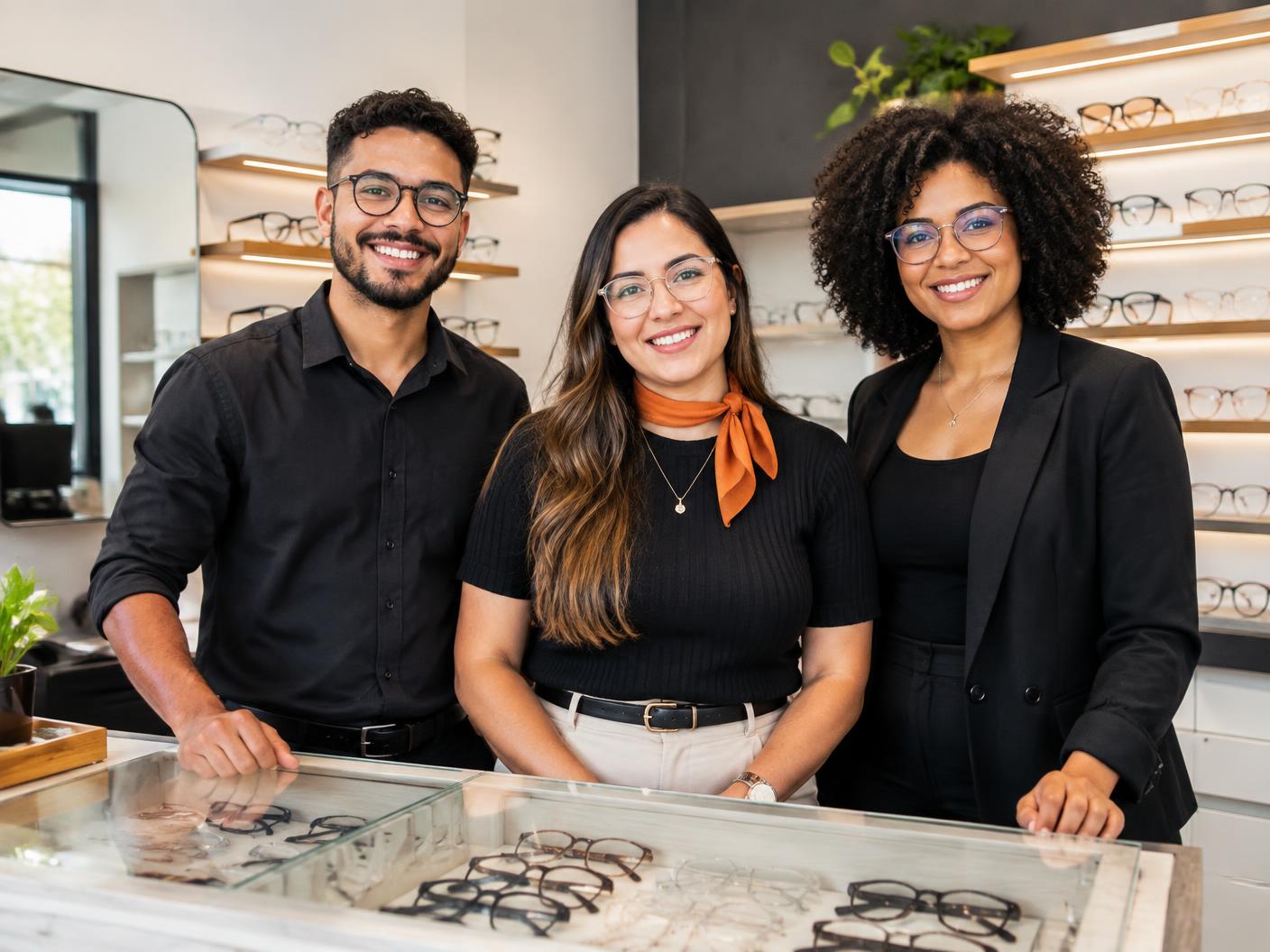 Equipe de uma ótica oferecendo atendimento próximo